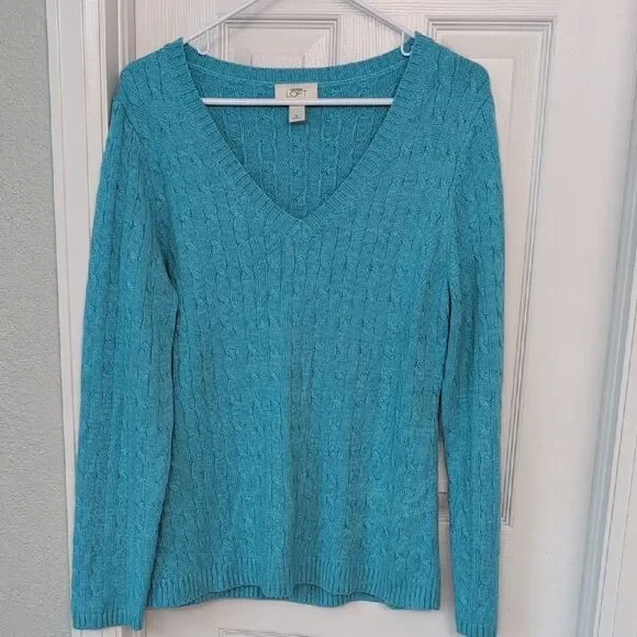 LOFT Women's Turquoise V-Neck Sweater - Picture 6 of 8
